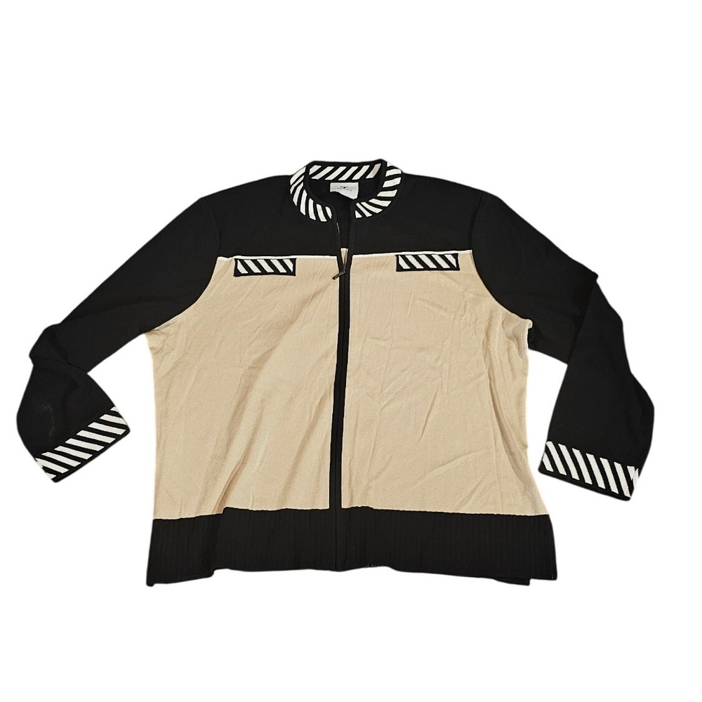Toula Acrylic Knit Full Zip Jacket Menswear Beige Black Stripe Accents